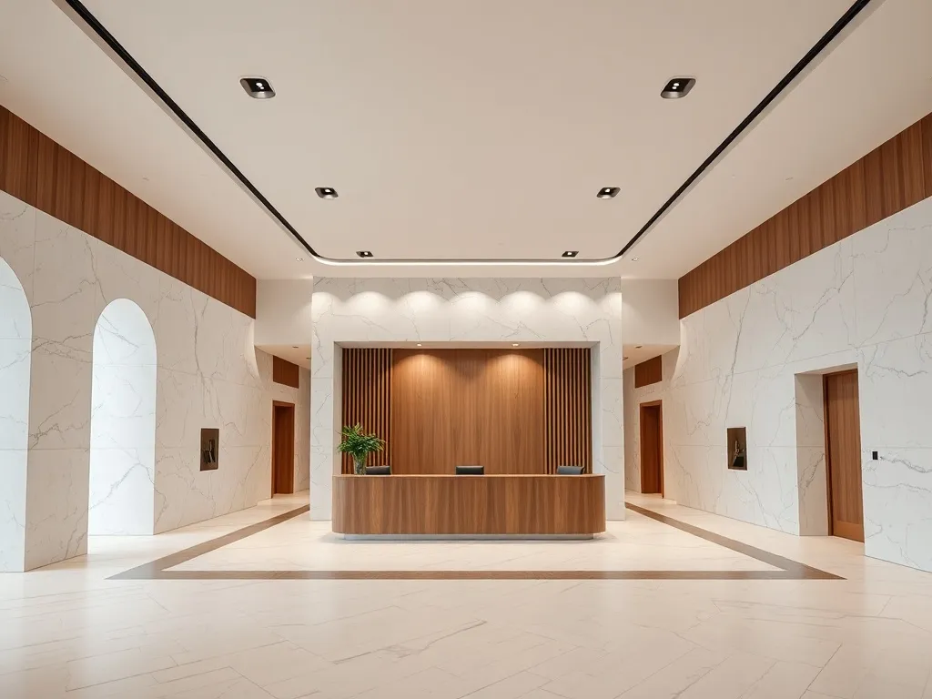 Wide angle shot of a modern minimalist bank interior with cl