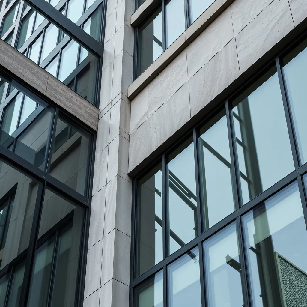 Architectural close-up of a modern office building in Montre